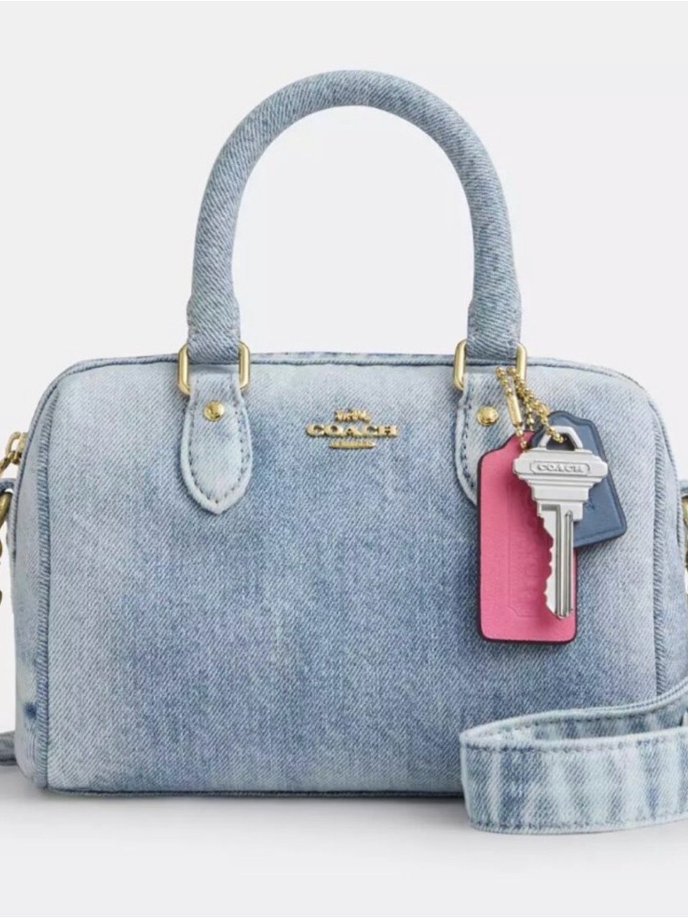 🩵Coach NWT Loved Denim Mini Rowan Crossbody/Satchel with Charms & Gold Hardware
